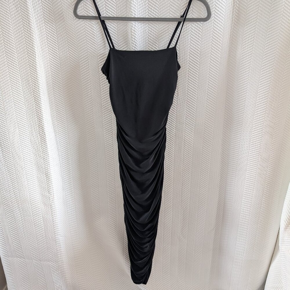 Guess Black Ruched Midi Dress Slinky Adjustable Straps Size Small Cocktail Party